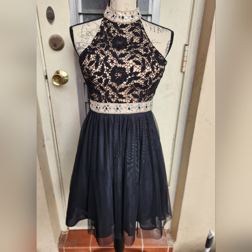 Minuet black and tan party dress with rhinestones